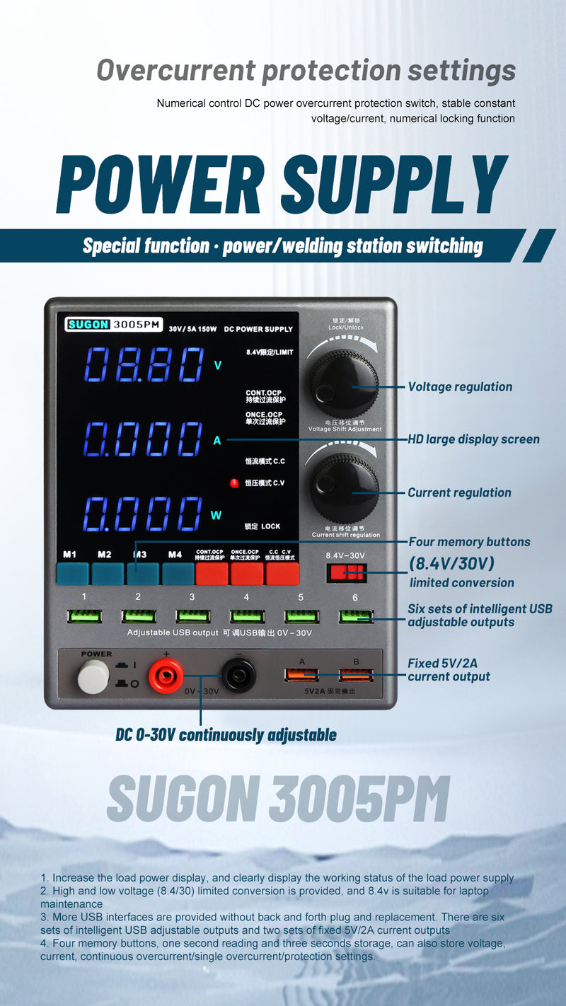 sugon 3005pm 30V 5A power supply adjustable 4-digit display mobile phone repair regulator