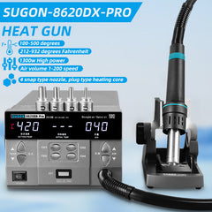 SUGON 8620DX Soldering Rework Station Hot Air Blower Gun. It has a variety of protection functions and perfect button functions. Convenient real-time operation, with magnetic switch control, the handle is placed in the hand The handle frame immediately goes to sleep. With automatic sleep function, the parameters can be adjusted in the sleep state Set up. Real-time ℃/℉ temperature display function. Has the function of self-calibration of temperature.