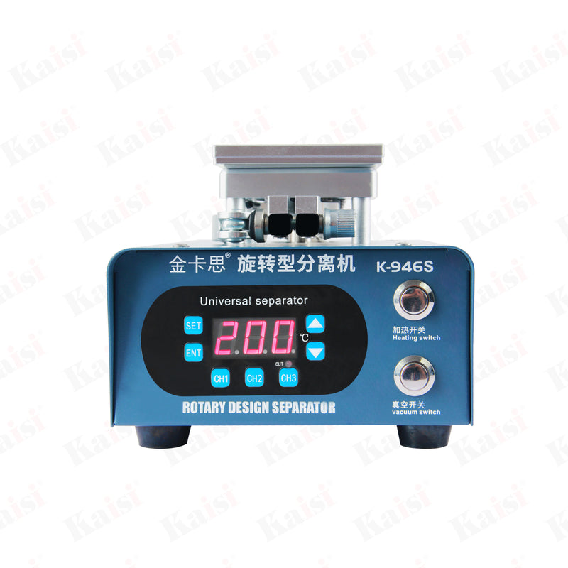 KAISI 946S Curved Screen Separator LCD Separator Machine. Just put on LCD on the heating panel, turn on "Vacuum Pump" switch, then you can separate the glass. And the LCD is firmly fixed on the panel while separating. Support curved screen.