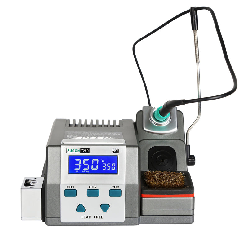 SUGON T26D Electric iron. When encountering a large solder joint, tap the bracket twice with the handle, and the soldering station will increase the temperature at the original set temperature by 80 ° C for 15 seconds, until the end, it will automatically recover, convenient and practical, no longer needed Adjust the temperature manually.