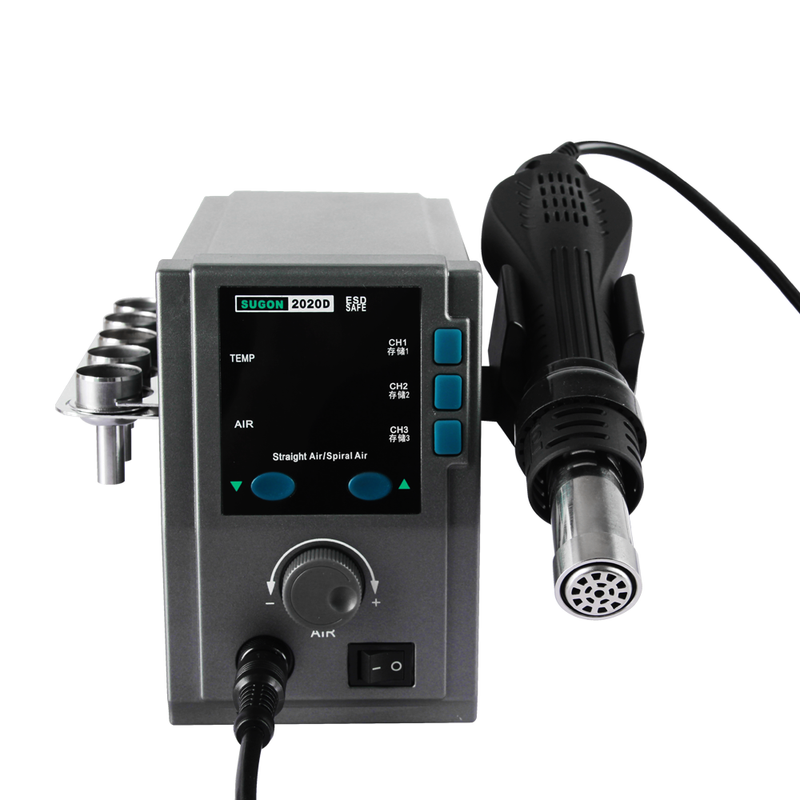 SUGON 2020D Hot Air Gun. Sensors, closed circuit, the zero passage trigger temperature control of the microcomputer, LED display, big power, heating is rapid, accurate and stable temperature, not affected by the air volume, truly lead-free desoldering. Calibration temperature function.