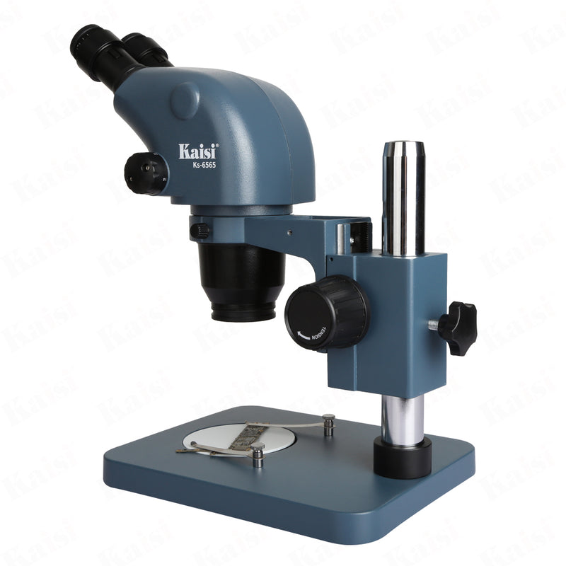 The KAISI 6565 microscope offers 0.65-6.5 zoom magnifications with optional eyepieces and auxiliary lenses, allowing users to extend magnification to 2x- 260x. The KAISI 6565 microscope provides crystal-clear images and a vivid color palette. The KAISI 6565 microscope offers an extended working distance of 30-287mm, with a standard working distance of 110mm.
