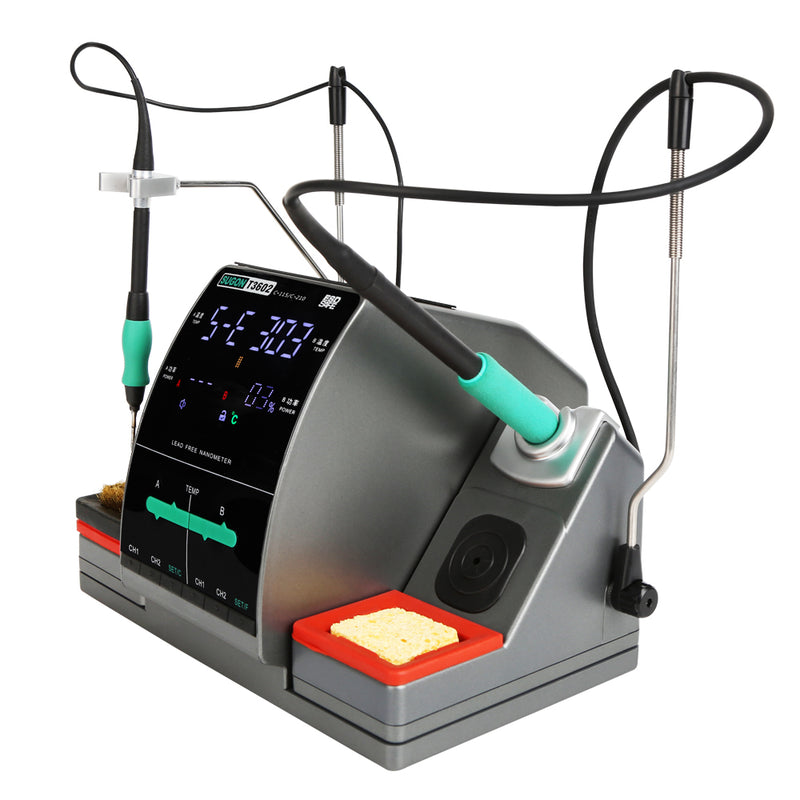 SUGON T3602 Soldering Station 2 in 1 Iron. A/BAREA independent control. Button state, press and hold the CH1 button for about 3 seconds to turn on/off the buzzer sound.