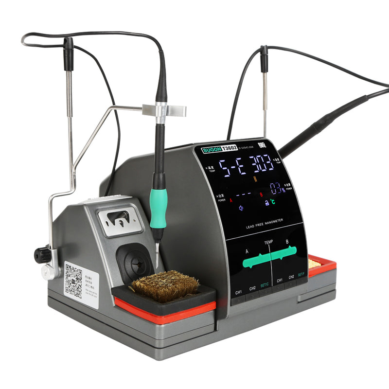 SUGON T3602 Soldering Station 2 in 1 Iron. A/BAREA independent control. Button state, press and hold the CH1 button for about 3 seconds to turn on/off the buzzer sound.